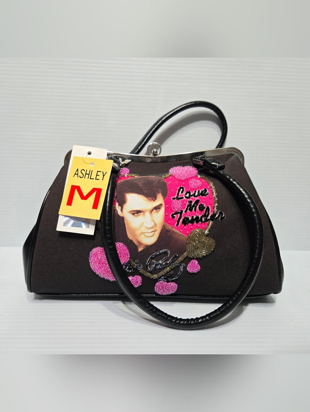 By Ashley M Black Mini Bag W/ Pink Heart Beaded Accents Womens Purse/bag Faux Le